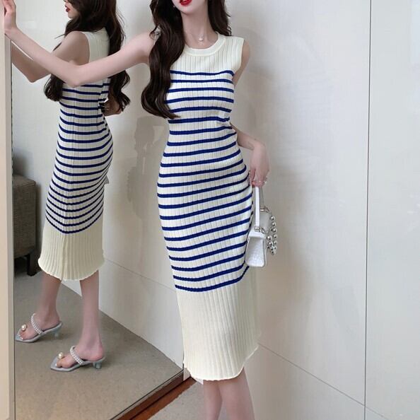 ワンピース レディース ニットワンピース プルオーバー ミモレ丈 ロング丈 ノースリーブ ラウンドネック スリム 細身 ストレート ニット かわいい 大人可愛い きれいめ シンプル カジュアル 大人 上品 おしゃれ 大人女子 個性的 セクシー エレガント S M L ストライプ ボーダー 春 夏 10代 20代 30代 40代 50代 ママ OL OL 通勤 学生 デート お出かけ 女子会 パーティー イベント 普段使い デイリー 着回し 韓国 韓国系 ファッション コーデ スタイル モテ 送料無料