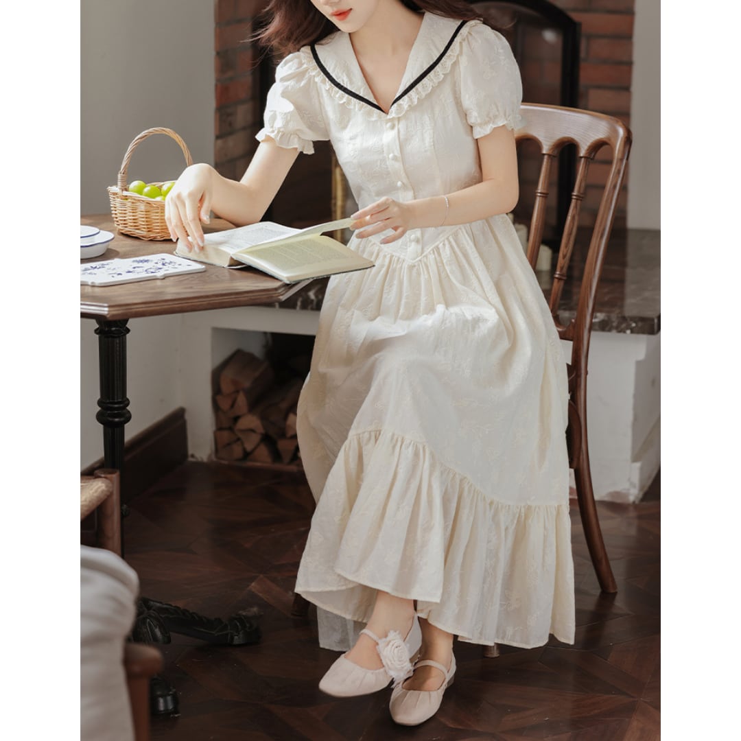 セーラー風カラー パフスリーブ  Aラインワンピース 00525