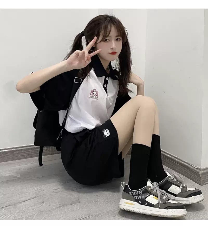 白黒 パンダコーデ セットアップ ポロシャツ ハーフパンツ 2点セット パンダモチーフ ワンポイント Xl展開 韓国っぽ ストリート カジュアル スポーティー パンダ ショートパンツ Lamitte Deco トレンド 韓国ファッション ショップ Base店