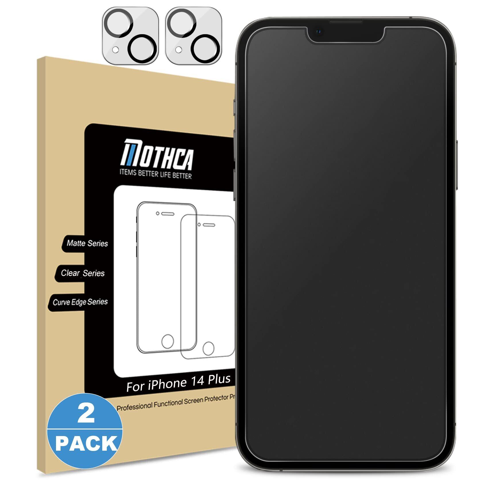【新着特価】Mothca アンチグレア iPhone 14 Plus ガラスフィルム (2枚)+iPhone 14 Plusカメラフィルム(2枚) 強化ガラス 液晶保護フィルム ゲームフィルム サラサラ タッチ感 日本旭硝子製素材 指紋防止 反射防止 硬度9H 飛散防止 キズ防止 衝撃吸収 撥油性 疎水