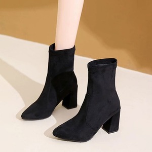 ショートブーツ スエード レディース 秋冬 韓国 ブーツ 通勤 ビジネス OL きれいめ 大人 シンプル ストレッチ 履きやすい 歩きやすい チャンキーヒール ポインテッドトゥ 上品 細見え 大人可愛い 大人女子