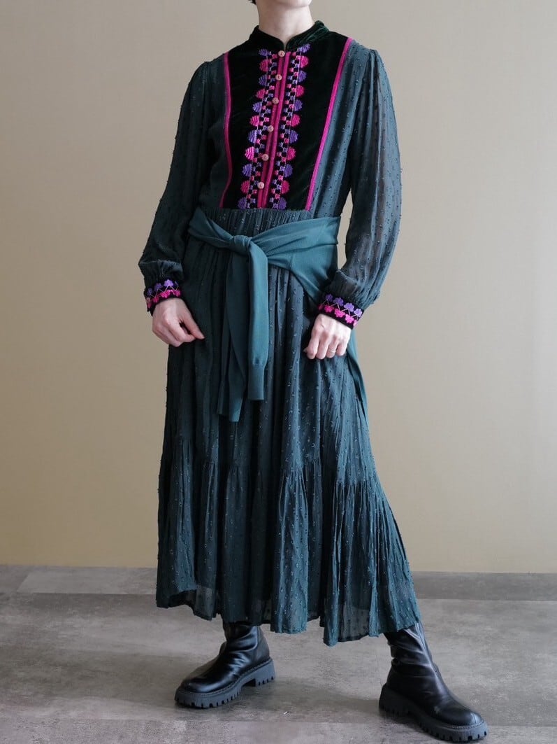 ☆刺繍ベロアワンピース(グリーン) | IKITSUKE