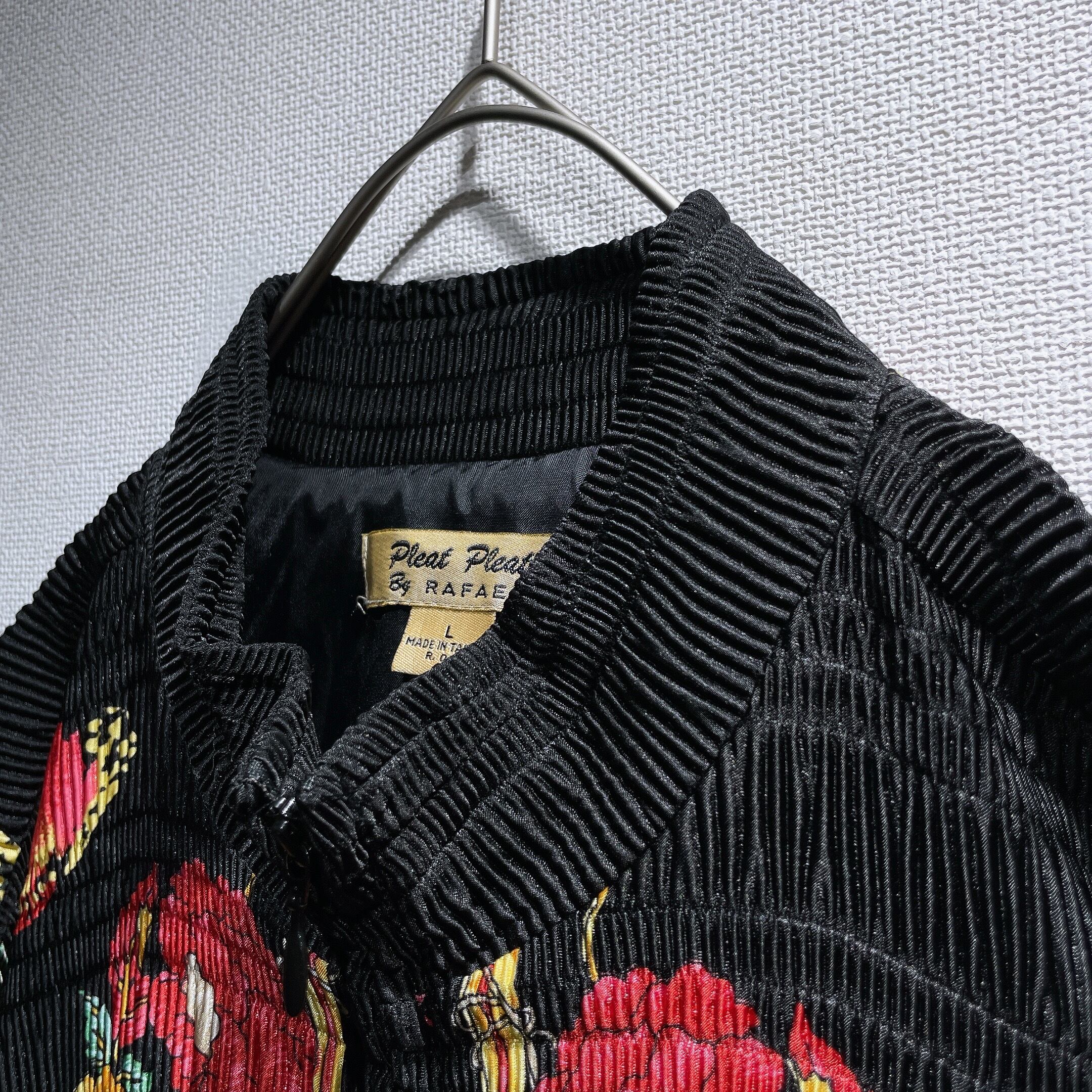 1990s ” pleat pleat ” Exotic Flower printed Black pleat zip jacket