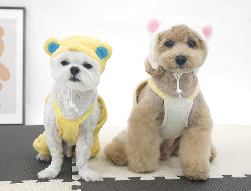 sleepy bear all in one set S ~ XL 2color / 犬服 秋冬 新作 もこもこ フリース オールインワン 帽子 セット 可愛い 犬の服 暖かい ドッグウェア ペット ワンコ服 小型犬 中型犬 猫 ロンパース tsu44