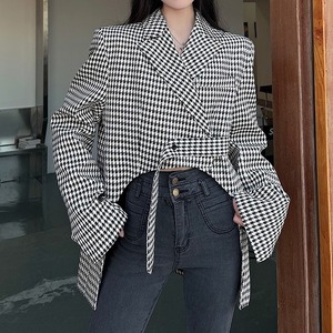 レディース ジャケット 上着 前開き レギュラー丈 長袖 スーツカラー ストリート ルーズフィット カジュアル メンズライク かっちり アメリカン ワイルド 千鳥格子 OL 通勤 学生 デート お出かけ 休日 ショッピング インスタ映え S M L