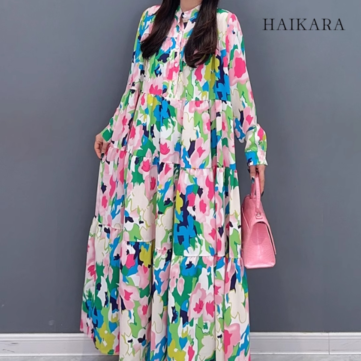 Floral pattern casual switching design long length dress HAIKARA｜ハイカラ