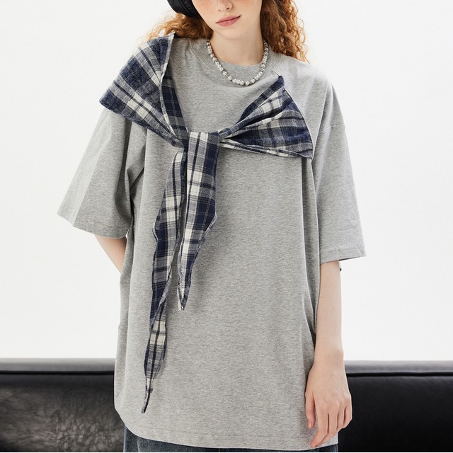 checkered shoulder-style short-sleeved tee　チェック柄肩掛け風半袖ティー　J0883