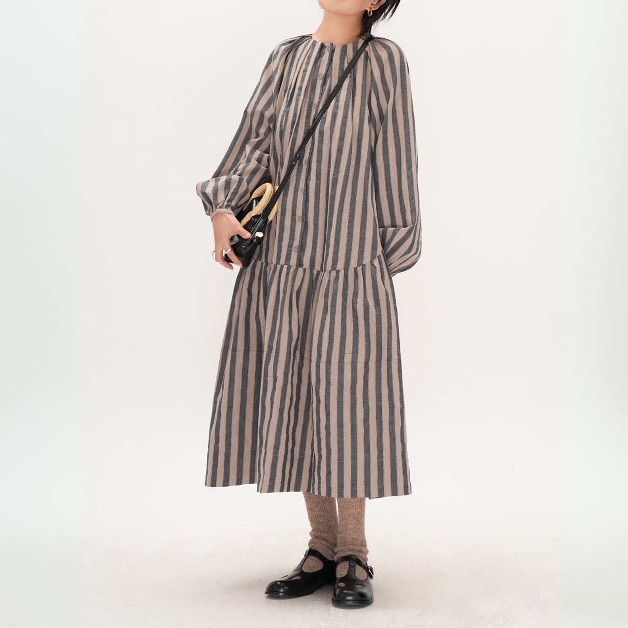 ナチュラルストライプロングスリーブワンピース 00922