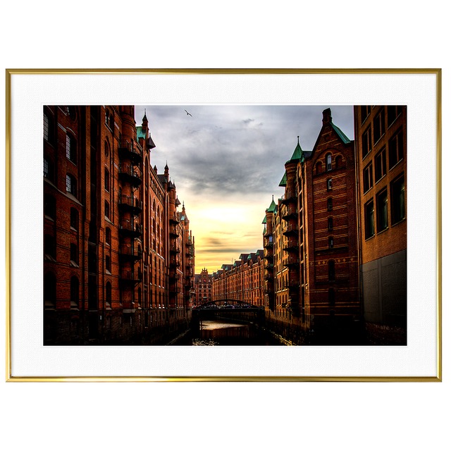 夕日写真 ドイツ ハンブルク シュパイヒャーシュタットの夕陽 インテリアアートポスター額装 AS1728