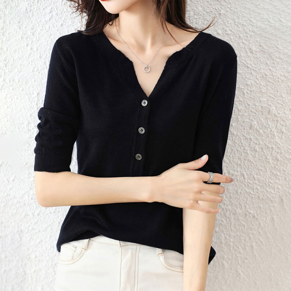 サマーニット レディース 五分袖 韓国 トップス 春夏秋 きれいめ おしゃれ 大人 かわいい ニット Vネック ハーフボタン ニットソー カジュアル シンプル 大人可愛い 大人女子