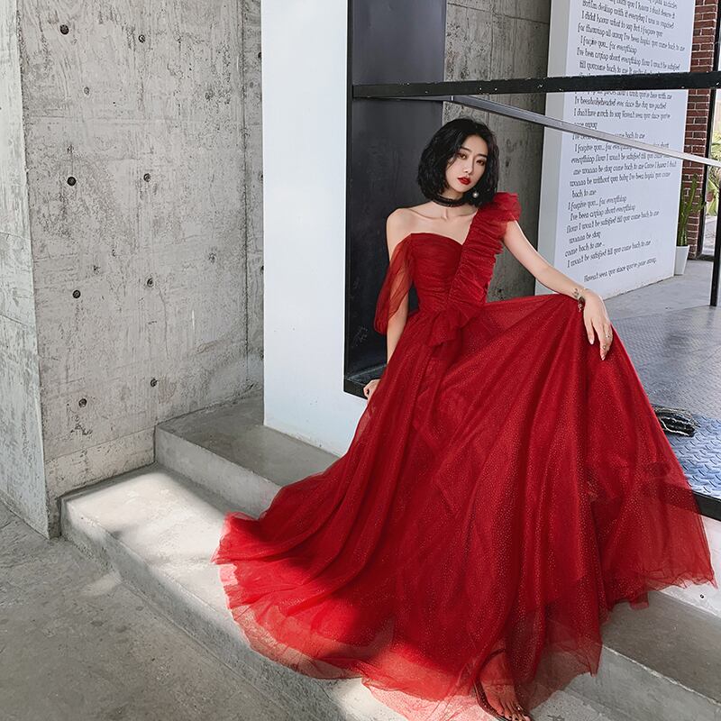 ワインレッド パーティードレス 高級刺繍 ソフトチュール ベアトップ  