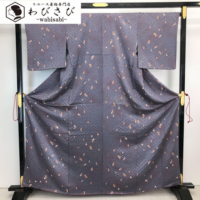 小紋 色鮮やかな花模様 鳥 斜め暈し 桑染色 縮緬 トールサイズ K-4091  