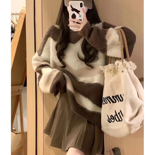 ニットトップス レディース セーター ニット トップス ボーダー ラウンドネック 長袖 カジュアル お出掛け おしゃれ プルオーバー 秋冬 暖かい ソフト ゆったり ルーズシルエット ニットトップス