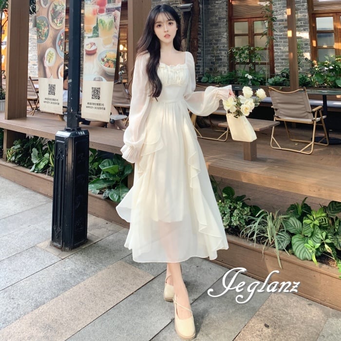 2色 パーティ ドレス ワンピース フリル ロングスリーブ 透け感 2色 パーティ ドレス ワンピース フリル スクエア ロング