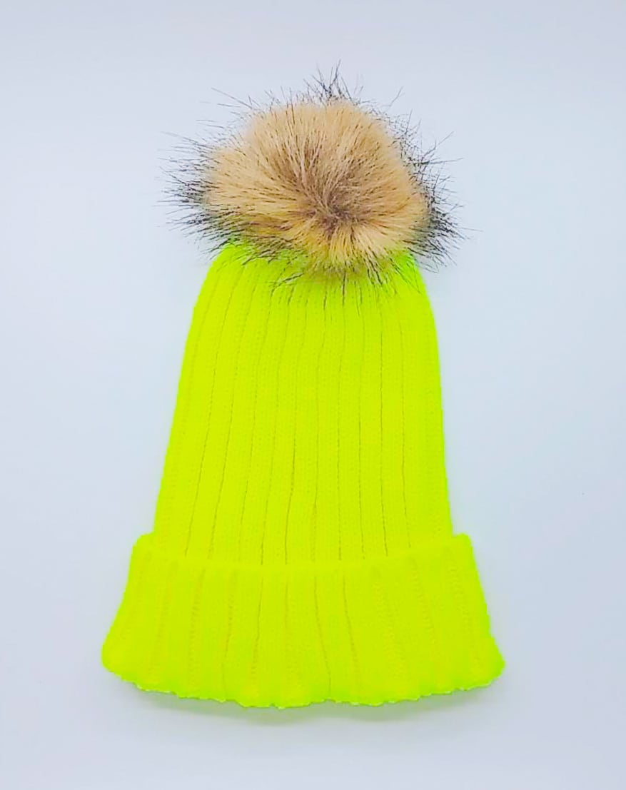 BIGぽんぽんファー付き ネオンカラーリブニット帽 ネオンイエロー