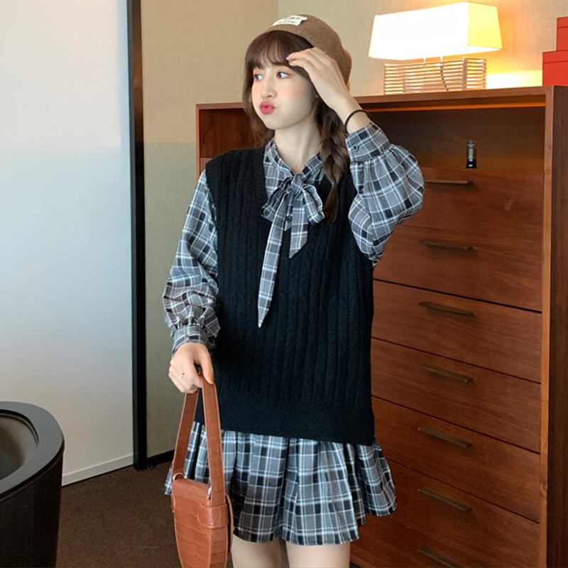 スタイルスタンダード格子柄ドレス スプリングルーズスリムスカート レトロ レース 大人ガーリー スウィート キュート カジュアル 春物 レースアップ 萌量不足73521706285