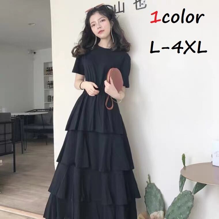ロングワンピース レディース ロング マキシ丈 ワンピース ティアード フリル フレア Aライン 半袖 ラウンドネック 無地 きれいめ 上品 かわいい 可愛い 日常 デート お出かけ 普段着 10代 20代 30代 女性 ママ 3XL 4XL 大きい 春 夏 大人 コーデ コーディネート 韓国 ファッション オルチャン お取り寄せ 送料無料 hll-1414