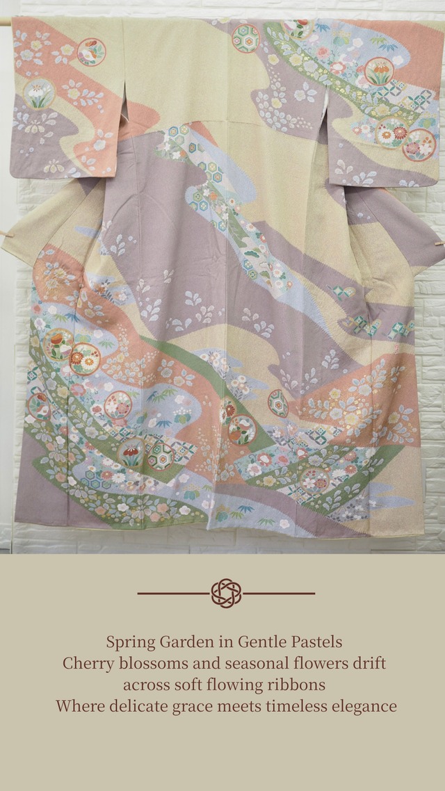 Regenerated Kimono Cape jacket – Handcrafted in Japan/ SPRING GARDEN IN PASTEL HARMONY　着物リメイクのケープジャケット｜日本のヴィンテージシルクを再生した一点物/パステルハーモニーに浮かぶ春の庭