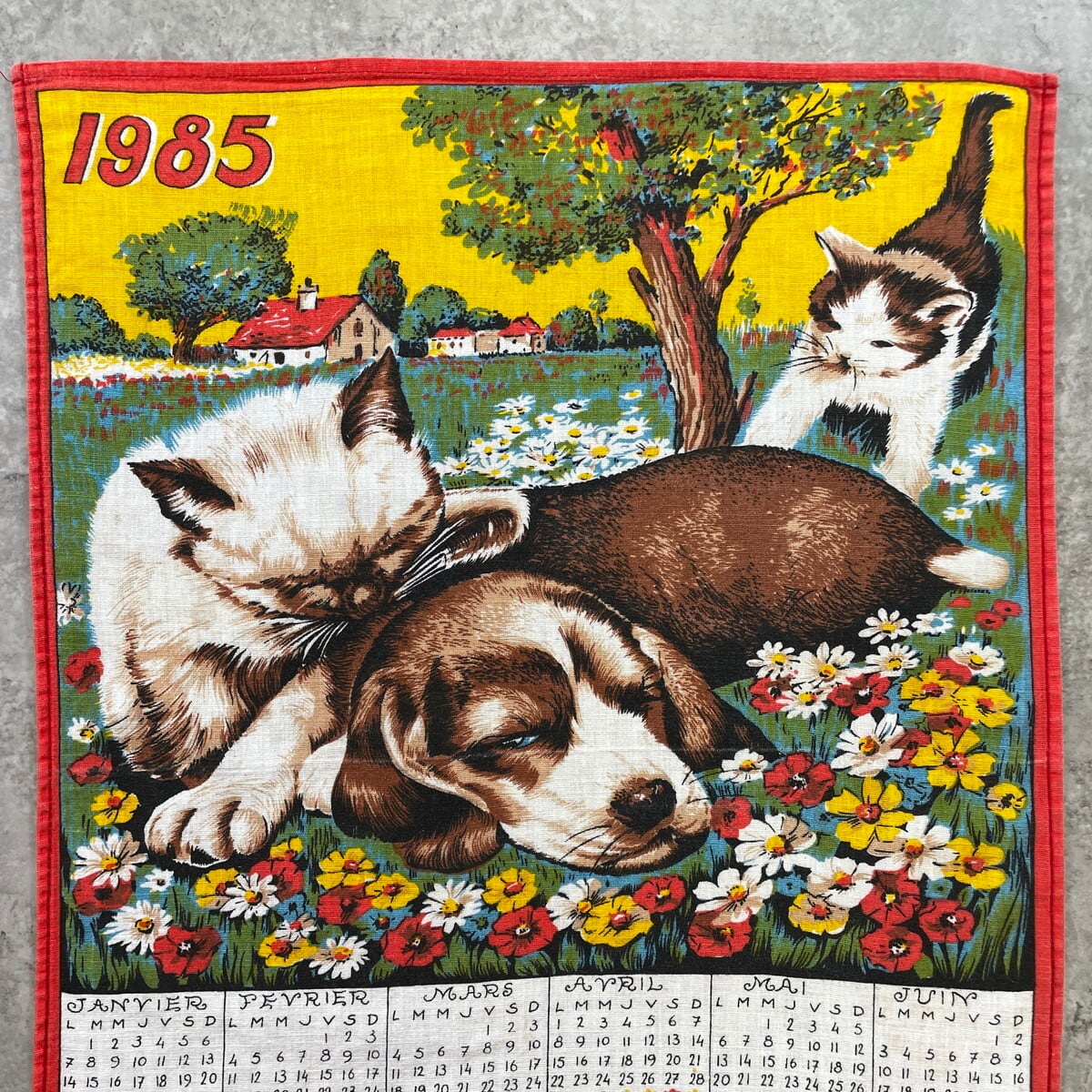 80年代 フランス製 キャット ドッグ アニマル カレンダー タペストリー