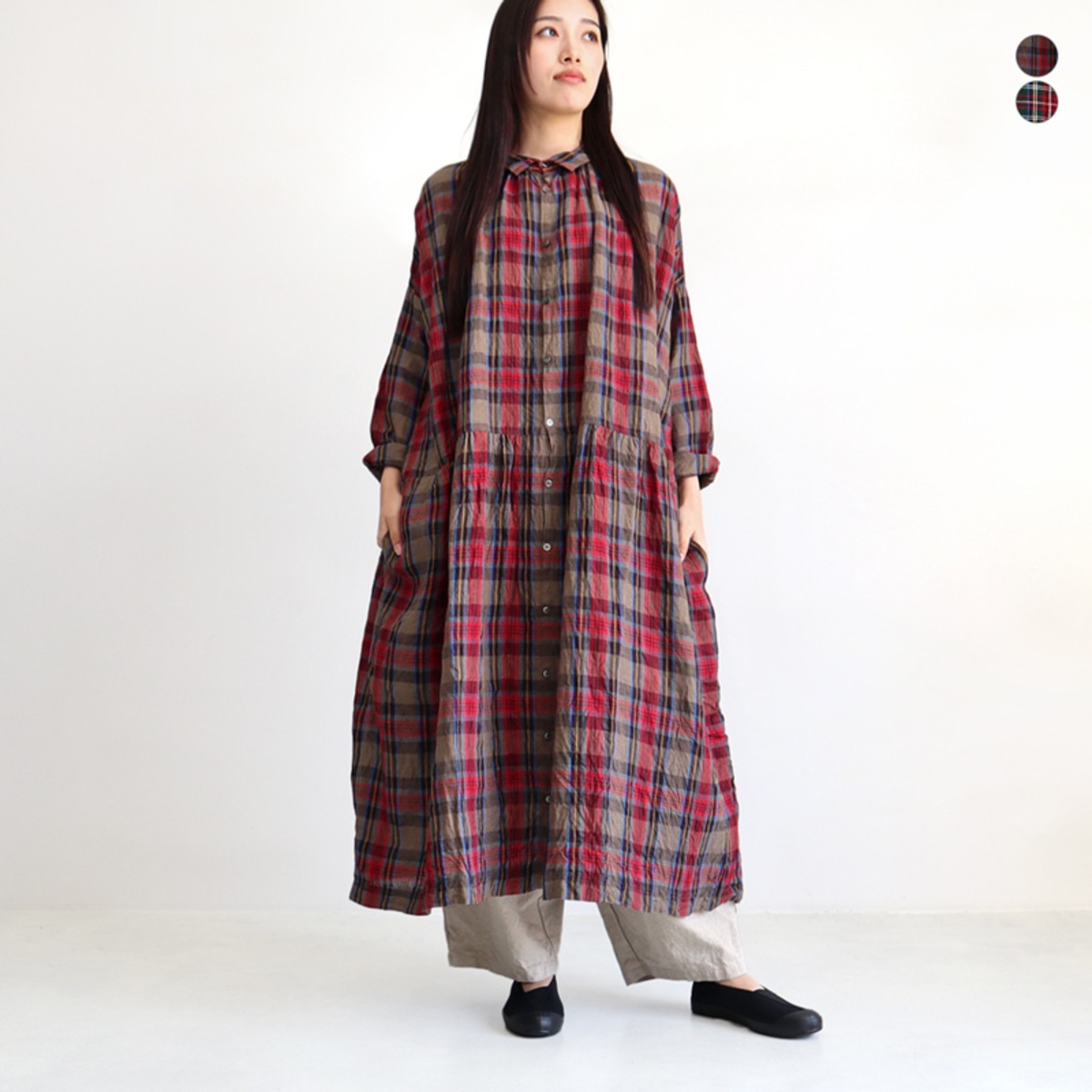 ichi Antiquites ウールガーゼタータンチェックシャツワンピース（ICHI 