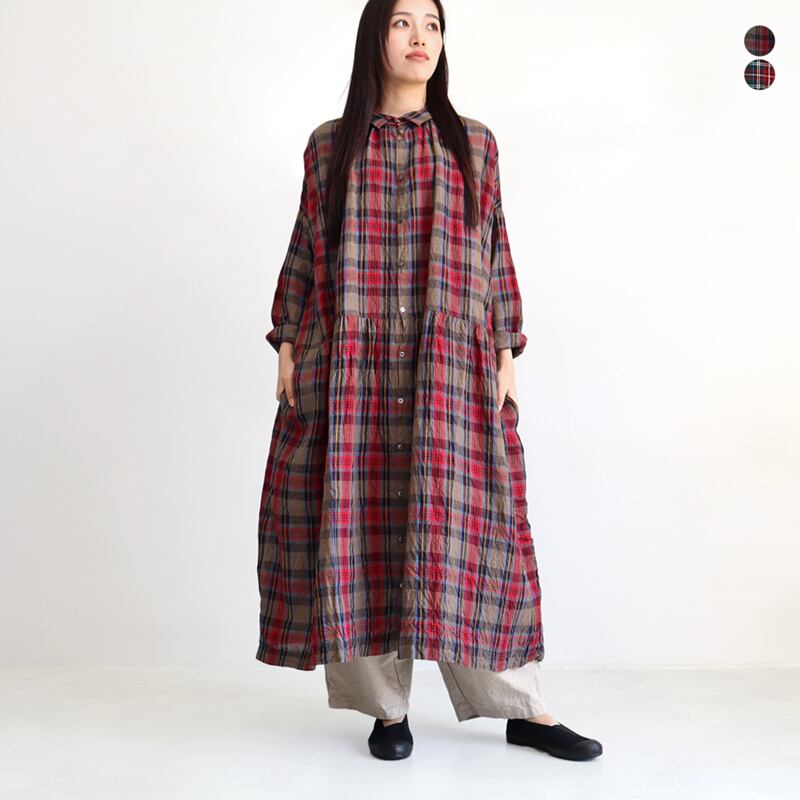 ICHI Antiquites * リネン タータンチェック ワンピース [900909 