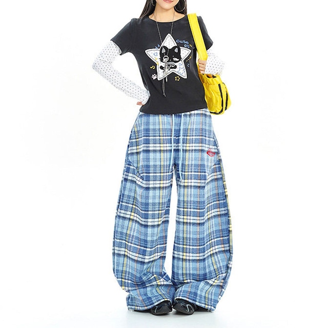 チェックパターンレタリングワイドパンツ 2col R02804