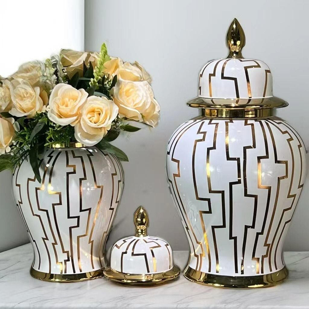 フラワーポット 花瓶 高級セラミック ゴールドのライン 蓋つき お洒落