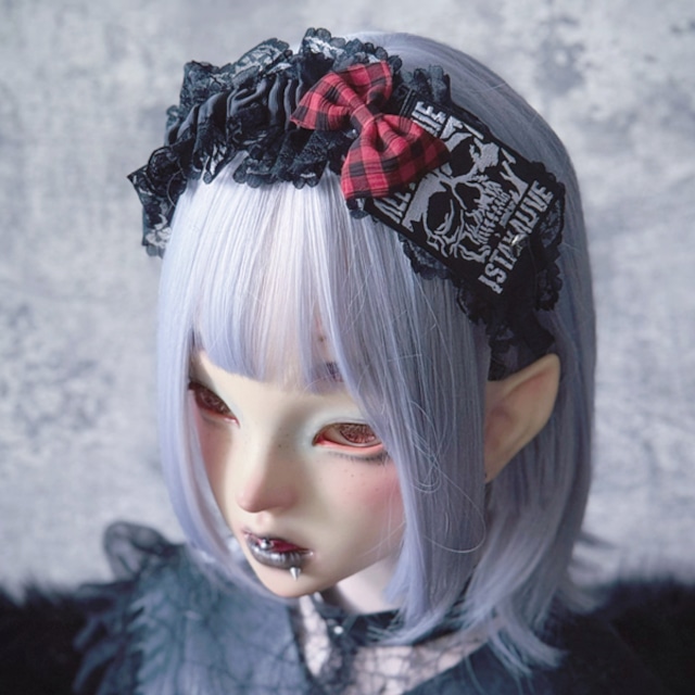 スカルパッチレッドチェックリボンカチューシャ(lli_7127)