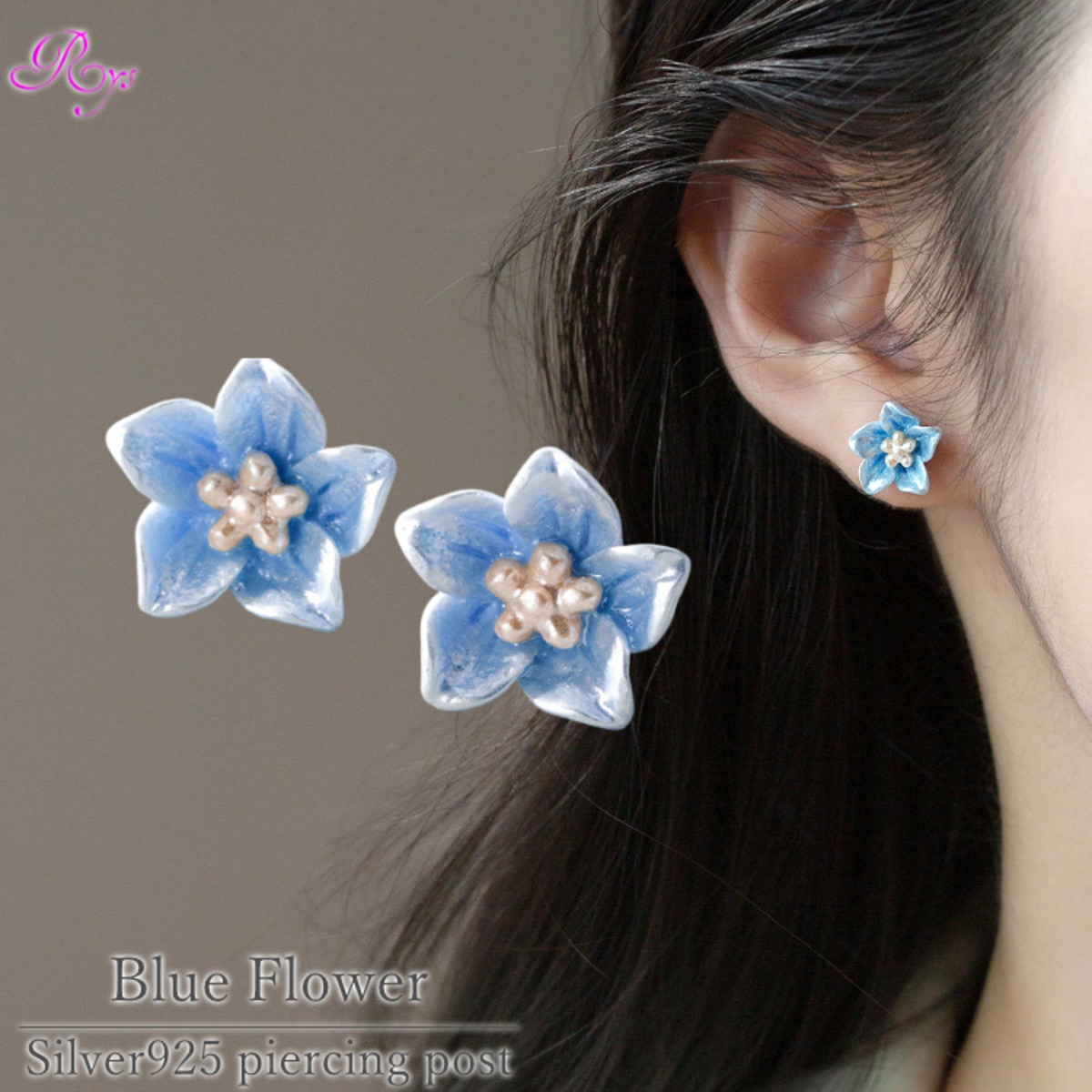 b-0398 大きいブルーフラワーピアス シルバー925ポスト ピアス 青い花 
