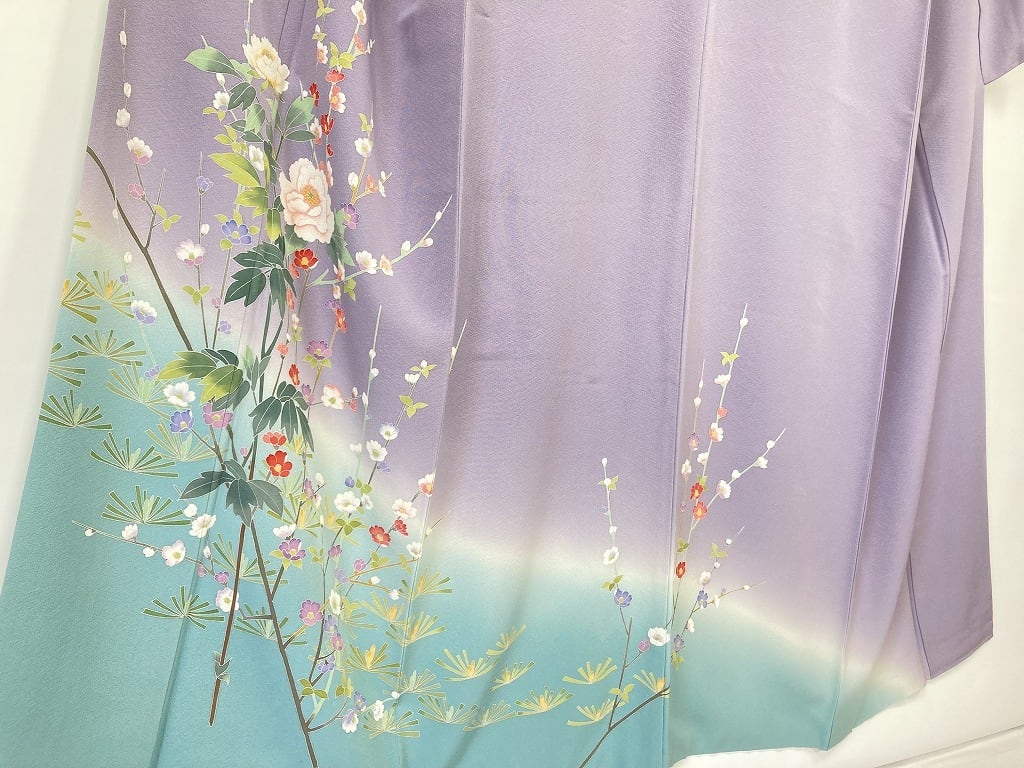 京加賀友禅 作家物 浜ちりめん 訪問着 花柄 紫 青緑 873 | kimono Re ...