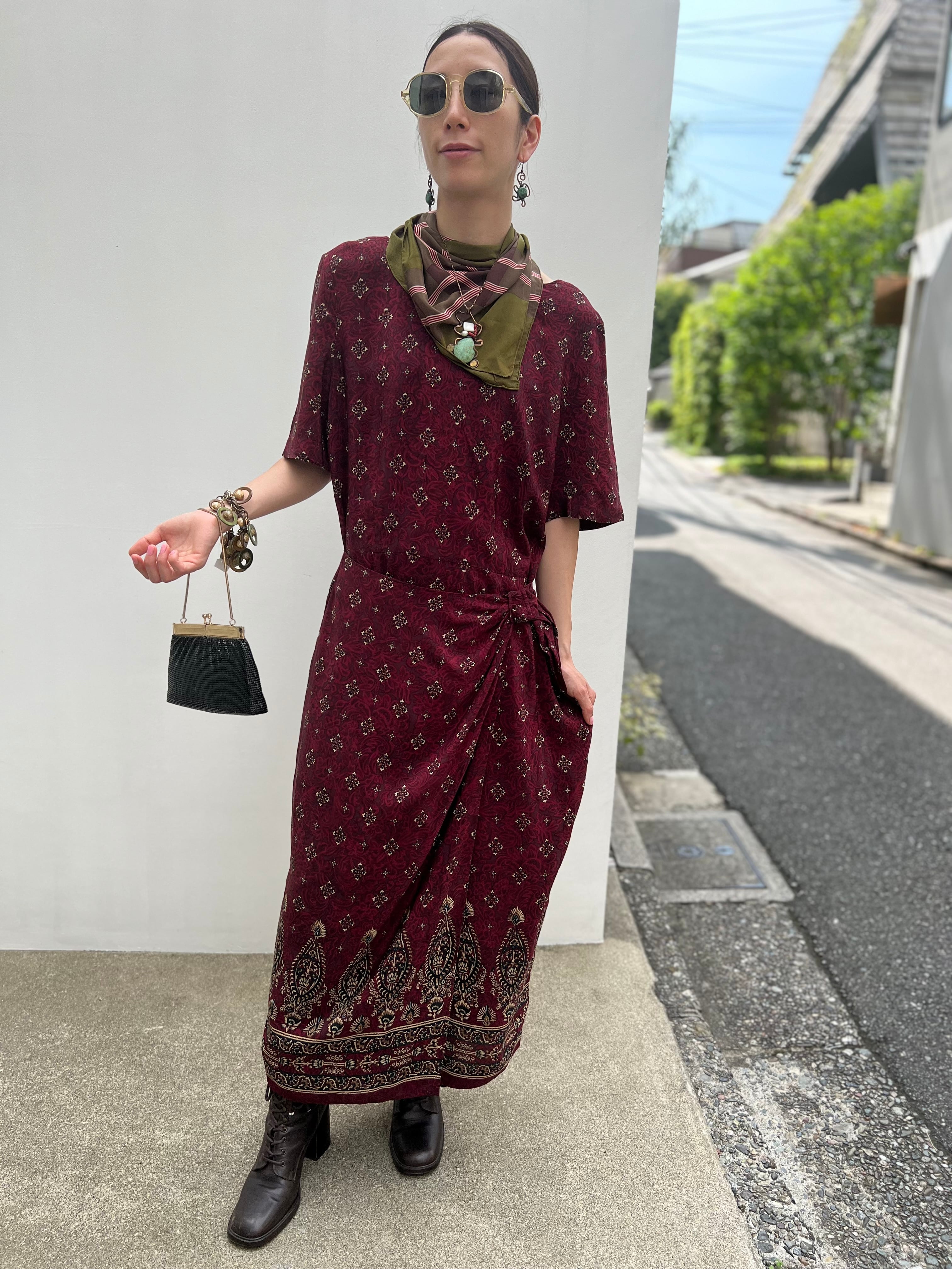 80s wine red floral silk dress ( ヴィンテージ ワインレッド シルク