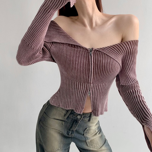 front zip off shoulder knit top la0292