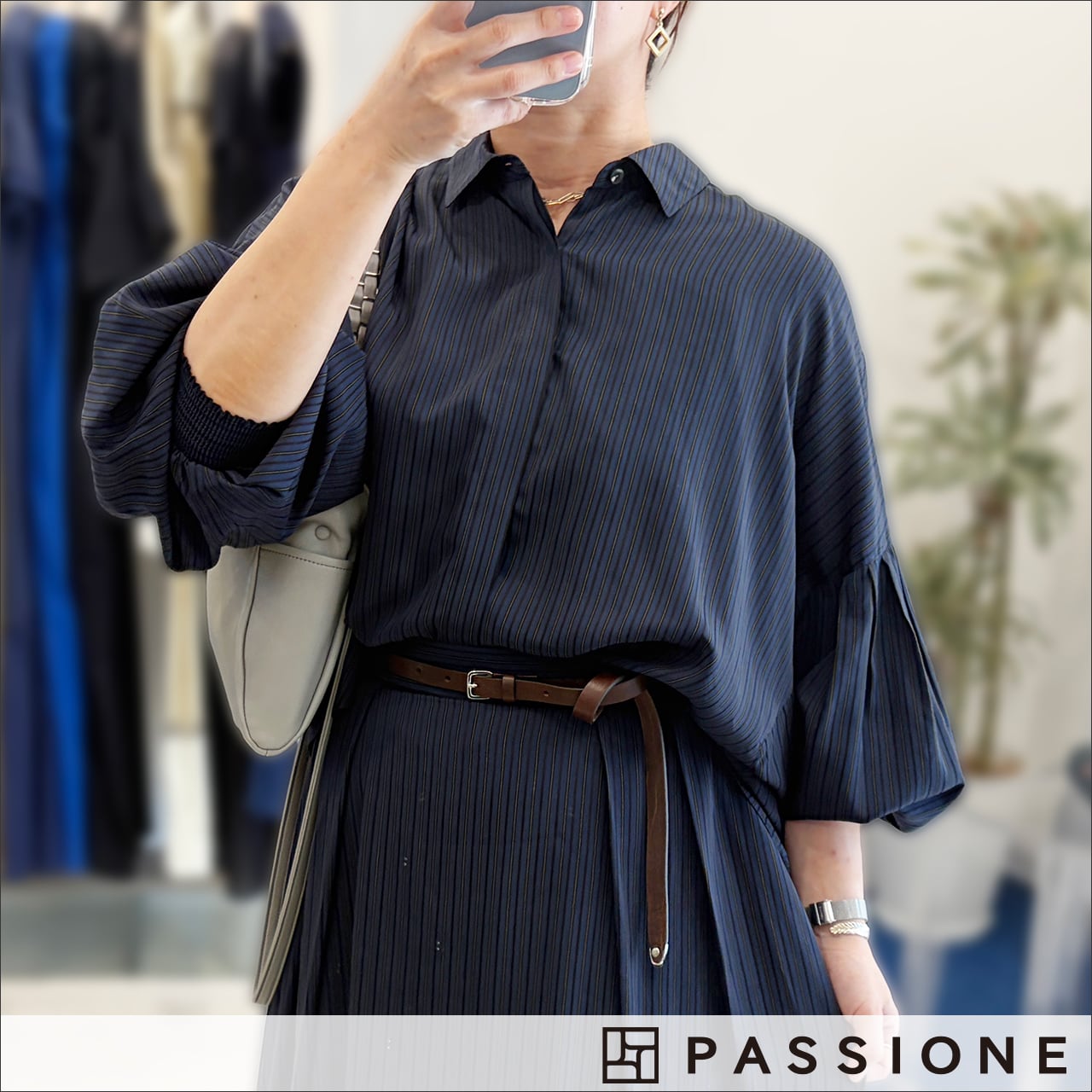 PASSIONE 袖ボリュームストライプシャツBL (ネイビー)