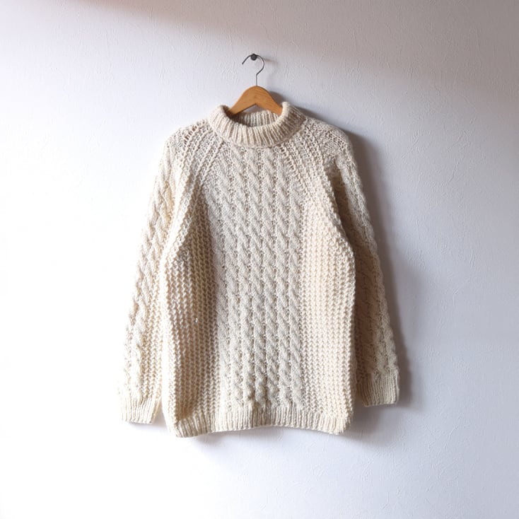 80s ヴィンテージ フィッシャーマン モックネック タートルネック セーター ハンドニット ウールニット メンズL程度 @CH0407