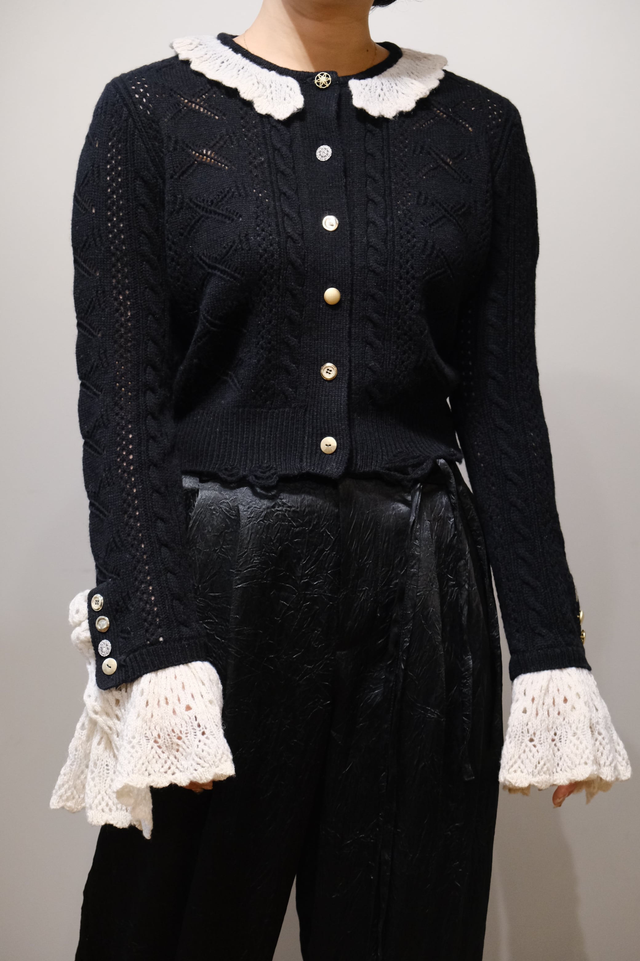 Tanaka Daisuke】ribbon pattern frilled sleeve knit cardigan | loop