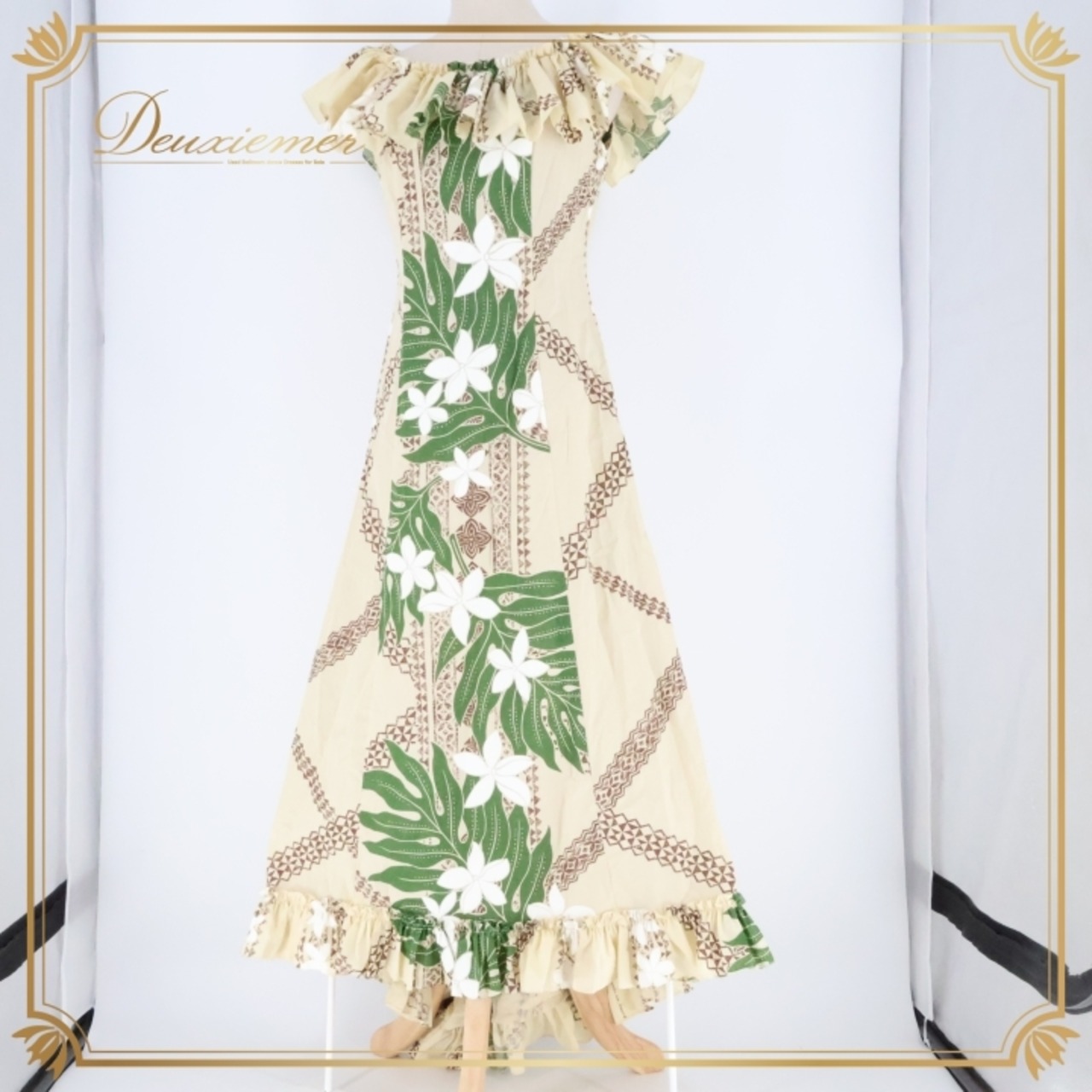 フラダンス 衣装 ワンピース ドレス ベージュ系 アシンメトリー フリル プルメリア柄 ラウアエ柄 ナチュラル かわいい 華やか 鮮やか 明るい 茶 白 緑 ハワイアン アロハ ハワイアンプリント フラ ダンス レッスン 練習 カジュアル おしゃれ 軽やか