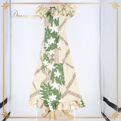 フラダンス 衣装 ワンピース ドレス ベージュ系 アシンメトリー フリル プルメリア柄 ラウアエ柄 ナチュラル かわいい 華やか 鮮やか 明るい 茶 白 緑 ハワイアン アロハ ハワイアンプリント フラ ダンス レッスン 練習 カジュアル おしゃれ 軽やか