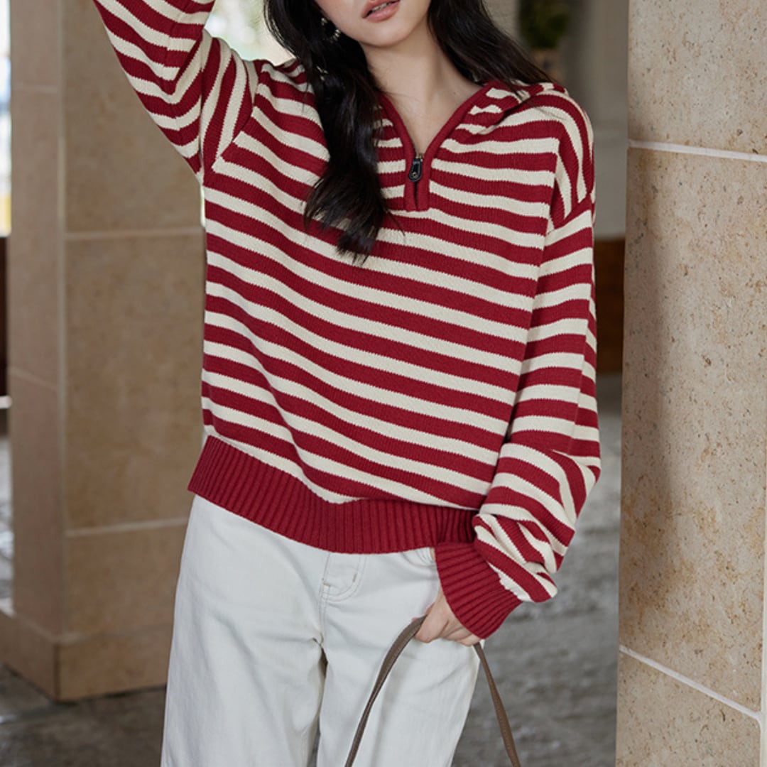 loose style striped hooded v neck sweater
