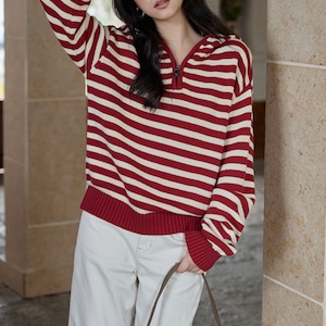 loose style striped hooded v neck sweater