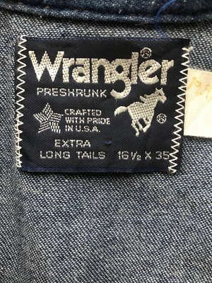 80's　Wrangler　デニムウエスタンシャツ ホースマーク 濃紺 破れあり 表記(16 1/2-35)