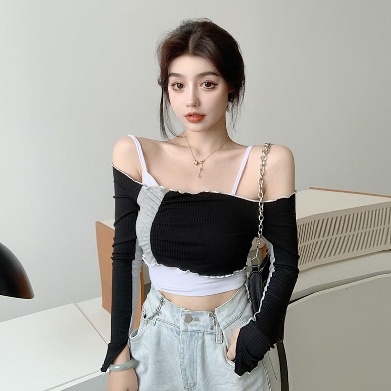 ショートデザインショートショルダー長袖Tシャツトップレディース2020年秋新作タイトフィットツーピーススーツ ブラックストロベリース41990926264