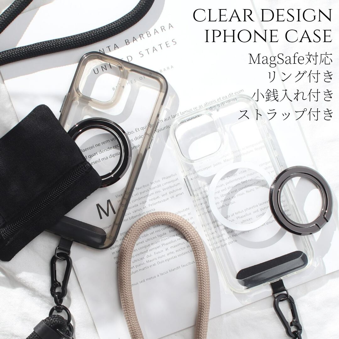 iphone ケース クリア ショルダー リング付き 小銭入れ iphone16 iphone15 iphone14 iphone13 12 mini マグセーフ SE 11 カバー アイフォン 15 14 13 pro スマホケース 15pro 14pro スマホリング 財布 肩掛け ストラップ カード収納 スマホショルダー 13mini se3 se2 Xs 送料無料