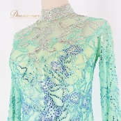 社交ダンス 衣装 スタンダードドレス ワンピース スタンダード 緑 エメラルドグリーン レース デモ 競技 ダンス パーティ 発表会 綺麗 上品 落ち感 グリーン系 ブルー系 シンプル 明るい 優雅 おしゃれ パフォーマンス