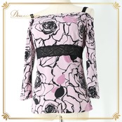 社交ダンス 衣装 トップス ブラウス パープル系 チャコット Chacott 日本製 花柄 レース 紫 黒 上品 オフショルダー パーティー かわいい フラワー くすみカラー イベント 練習 レッスン 伸縮 ストレッチ ステージ 七分袖 ブラック系