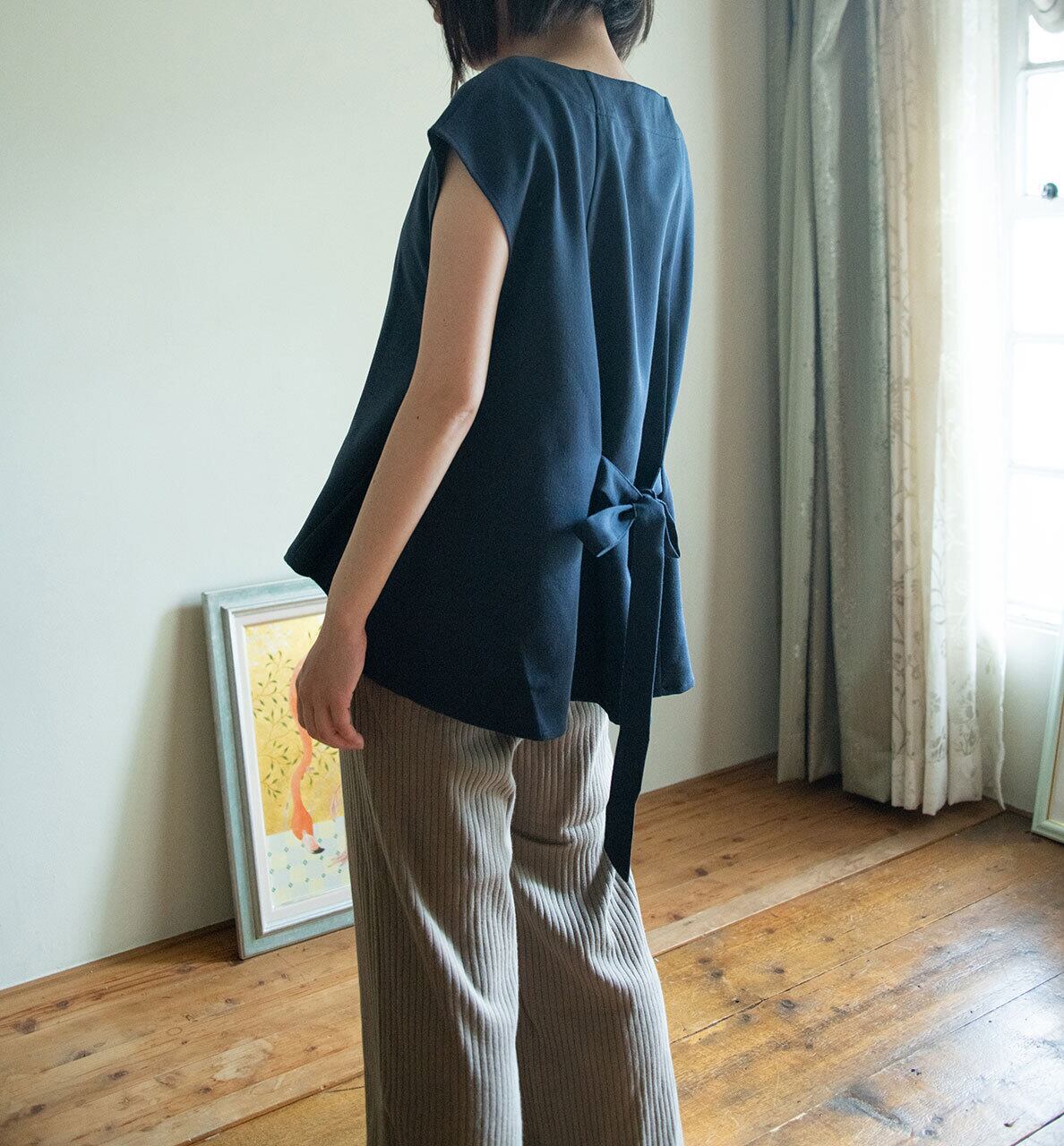 リボンフレアツイルブラウスnavy