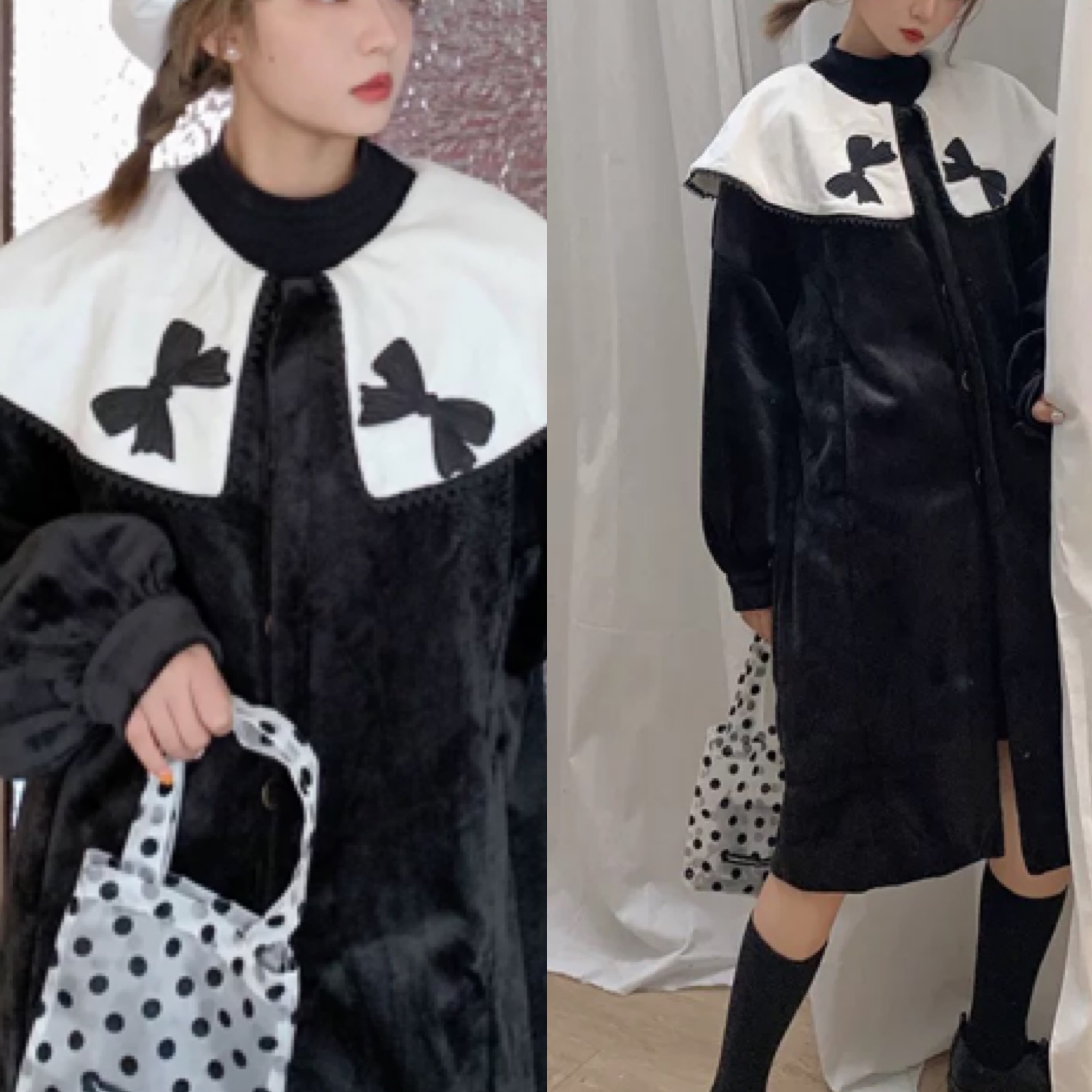 ブラック ベロア コート 黒 襟 デカエリ セーラー ロング リボン