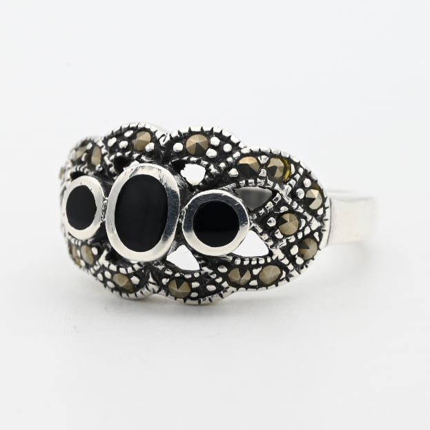 Black Onyx / Marcasite Accent Graceful Design Ring #13.5 / Denmark