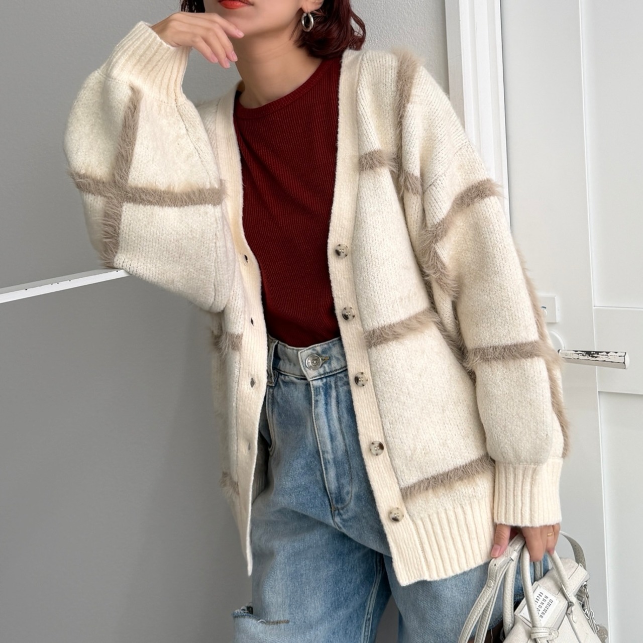 ラージチェックニットCD/アイボリー