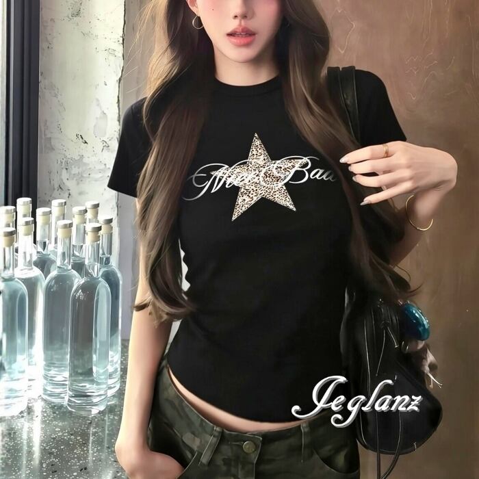 5色 レオパード プリント スター 星 ロゴ Tシャツ スリム(MC760)β