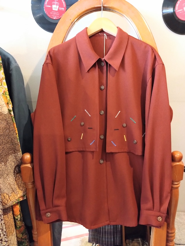 不思議なレイヤード風シャツ/レトロ長袖トップス国産日本製古着